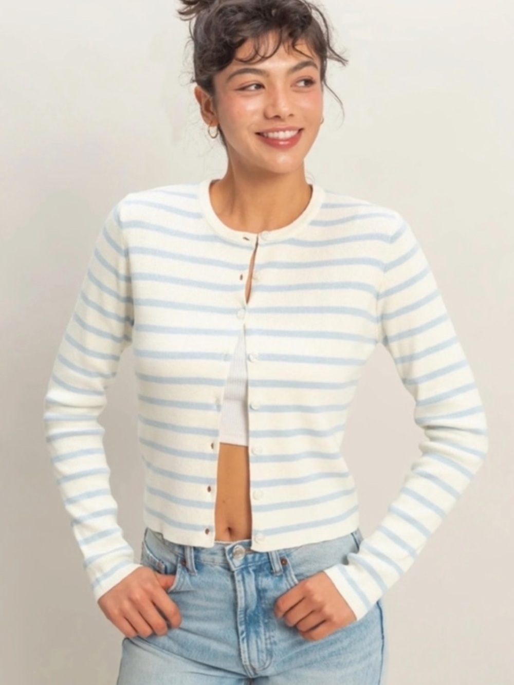 NEW Double Zero Ice Blue Striped Button Cardigan Large Ribbed Knit Fitted